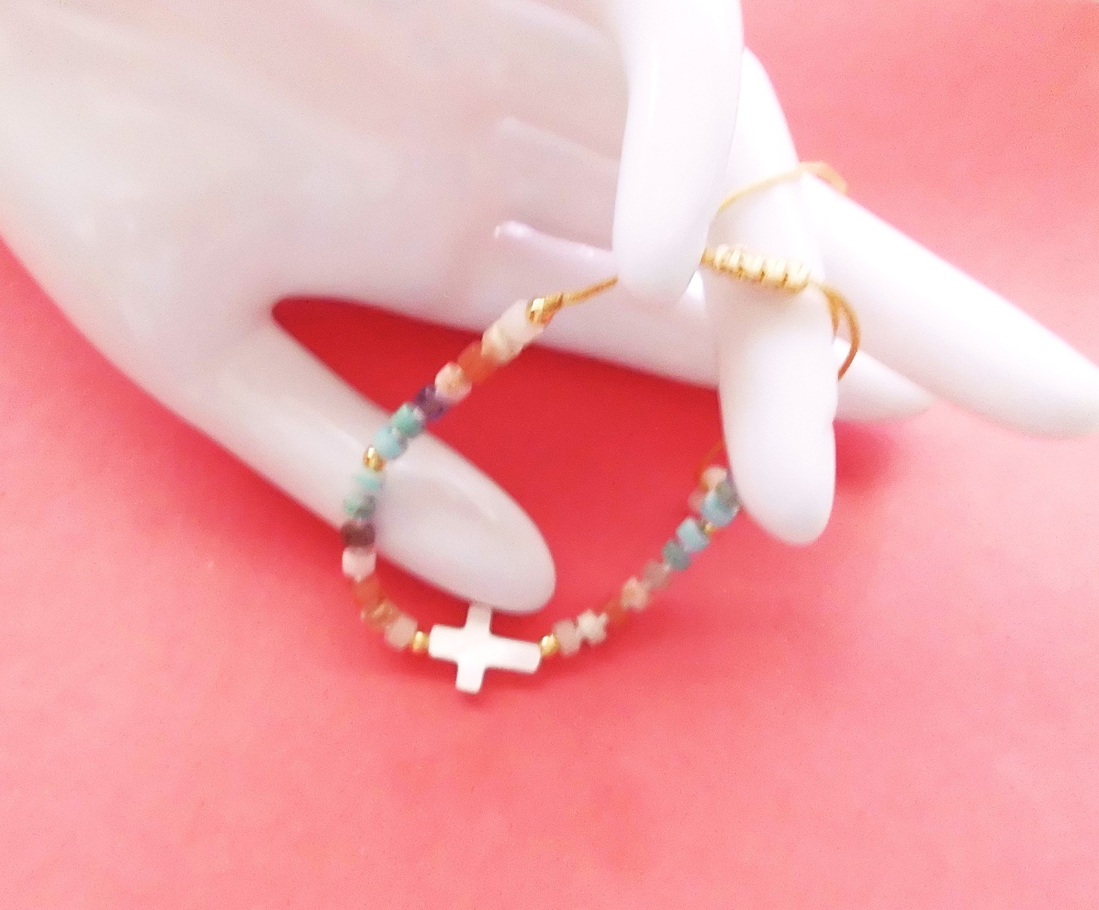 MOP SHELL CROSS w GEMSTONES BEADS Adjustable Drawstring Bracelet