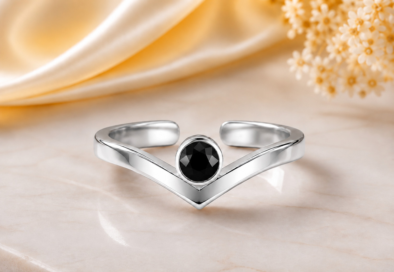 925 Sterling Silver Black Spinel Open V Ring Minimalist Chevron Band Gift