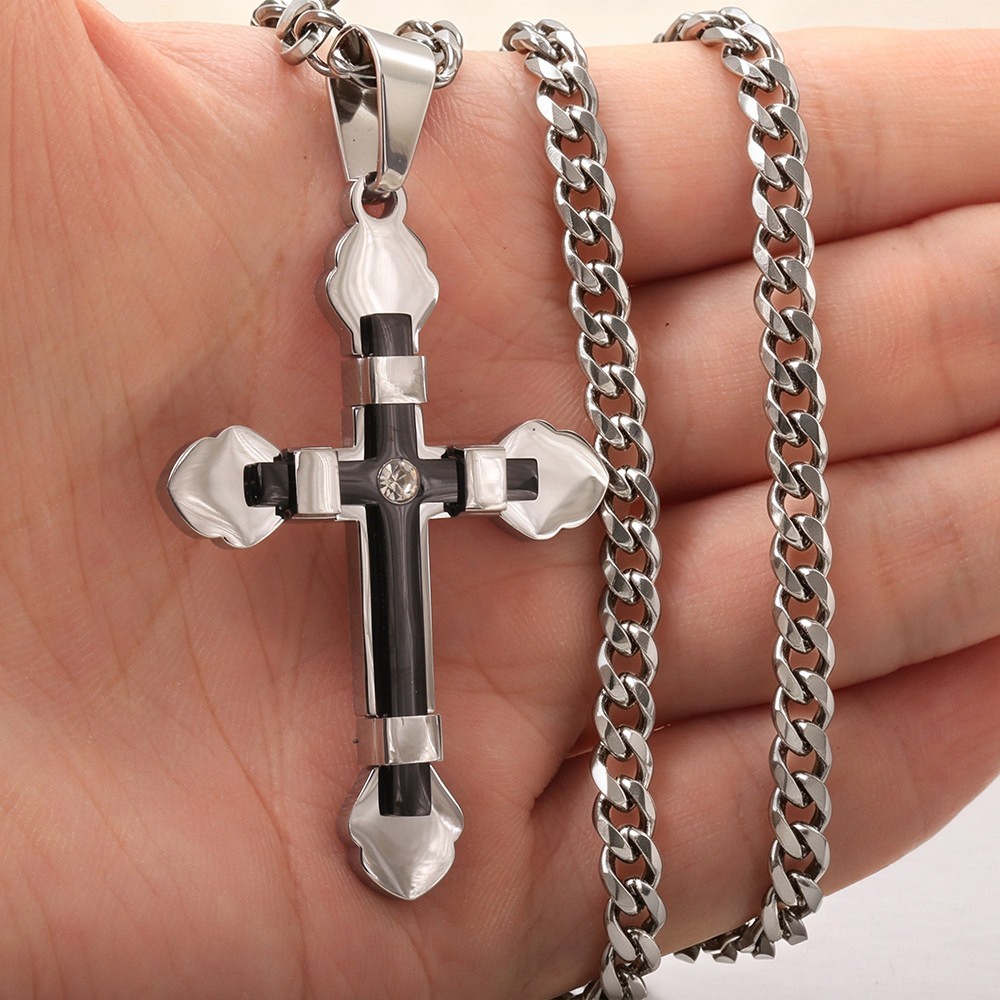 18-30 inches Black Silver Cross Pendant Necklace Stainless Steel For Men Women