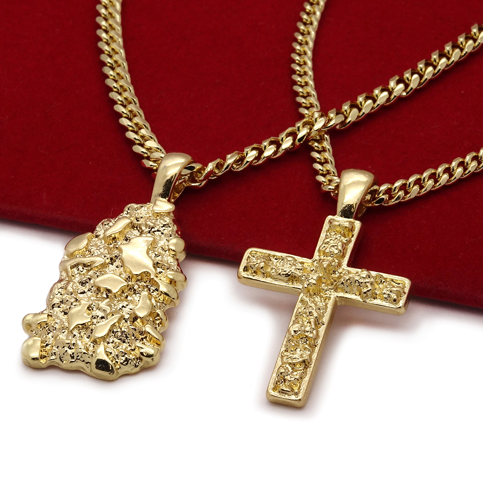 Men’s 14k Gold Plated High Fashion 2 pc Nugget & Cross 3mm 30″ & 24″ Cuban Chain