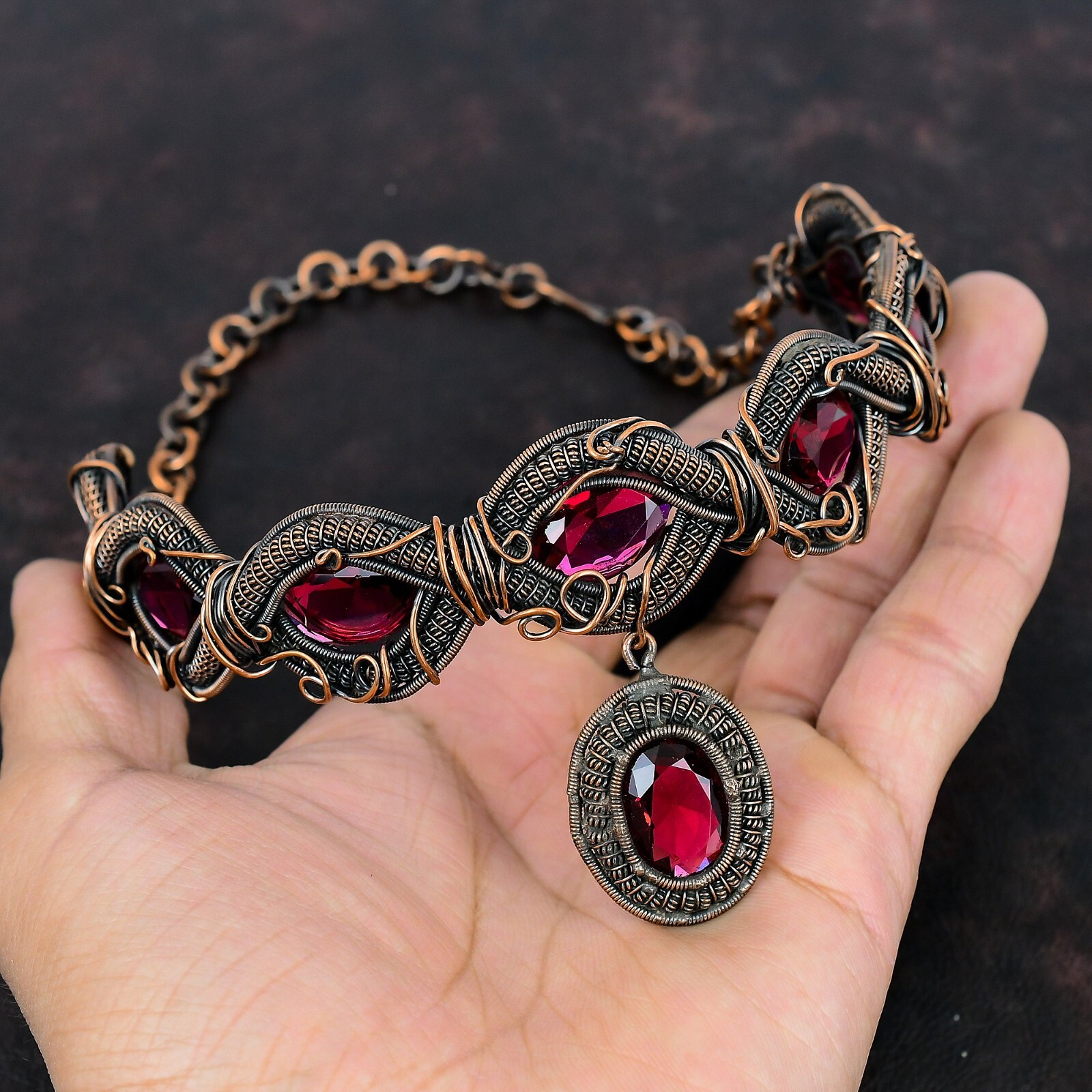 Gift For Her Rubellite Wire Wrapped Chain Adjustable Necklace Copper 18.0″