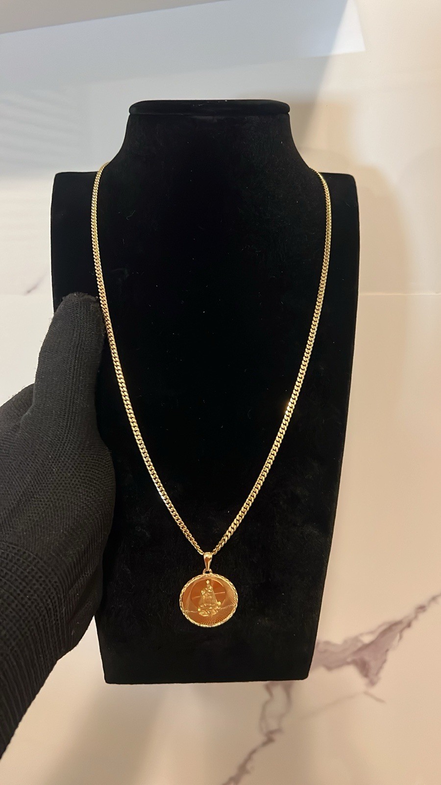 10K Yellow Gold Solid Cuban Chain 24” 1.8mm 13g Our Lady of Charity Pendant