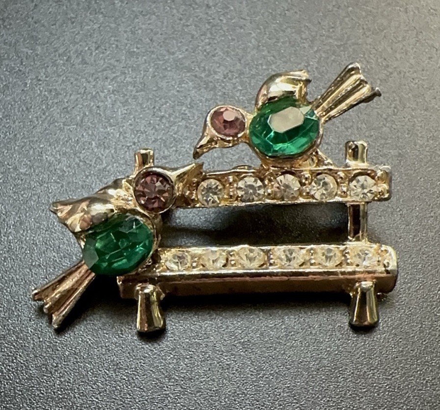 Lovebirds Birds on Fence Brooch Rhinestone Green Pink Gold Vintage Mid Century