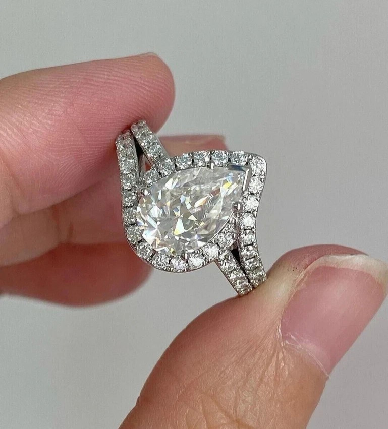 Halo Engagement Wedding Ring 2.60 Ct Pear Cut Lab Grown Diamond 14K White Gold