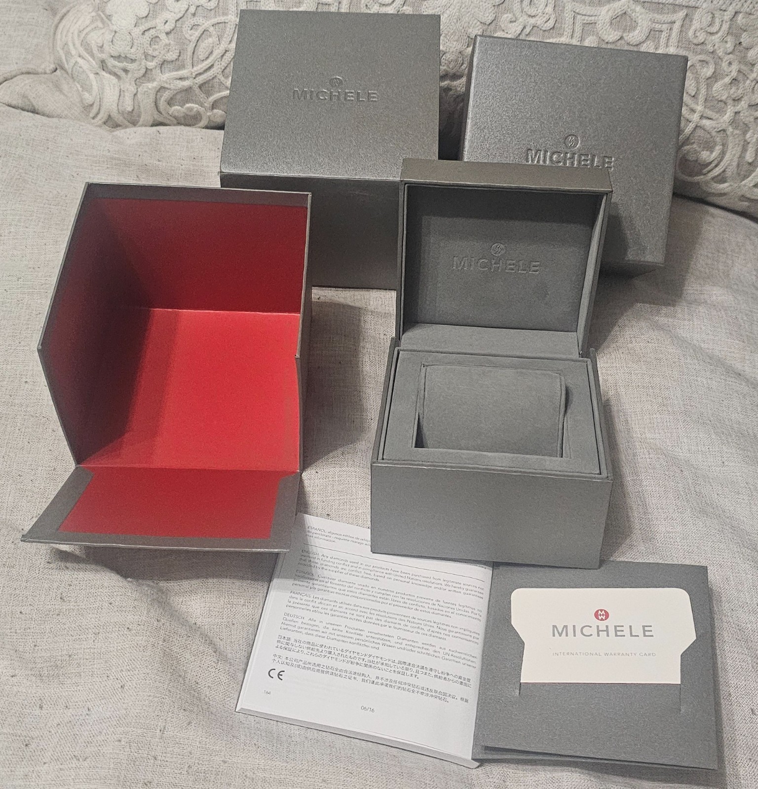 MICHELE Gray Watch Box Storage Case with Instructions Manual Book Warranty Card