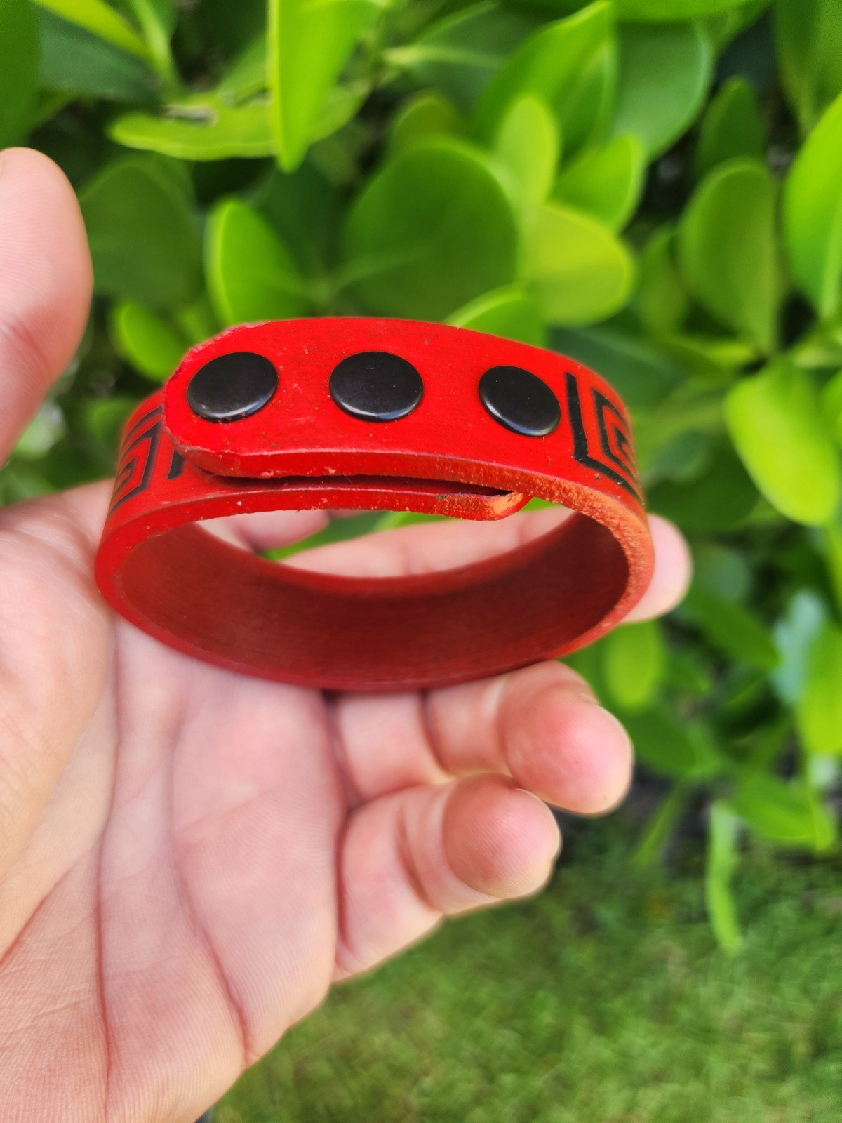 Red genuine leather women cuff Bracelet: Black hand painted Greek Aztec style