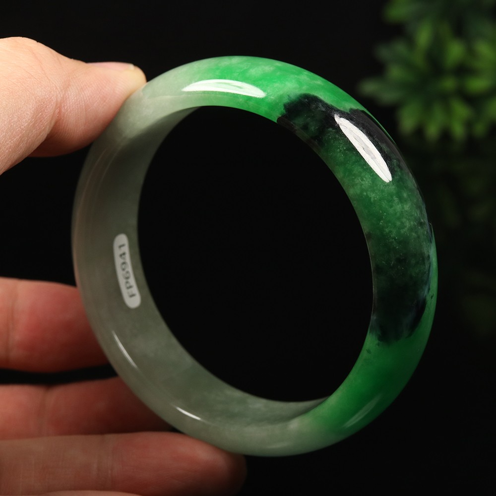 61mm Black Emerald Green Jadeite Jade Bangle Bracelet Burma Jade Bangle A-13935