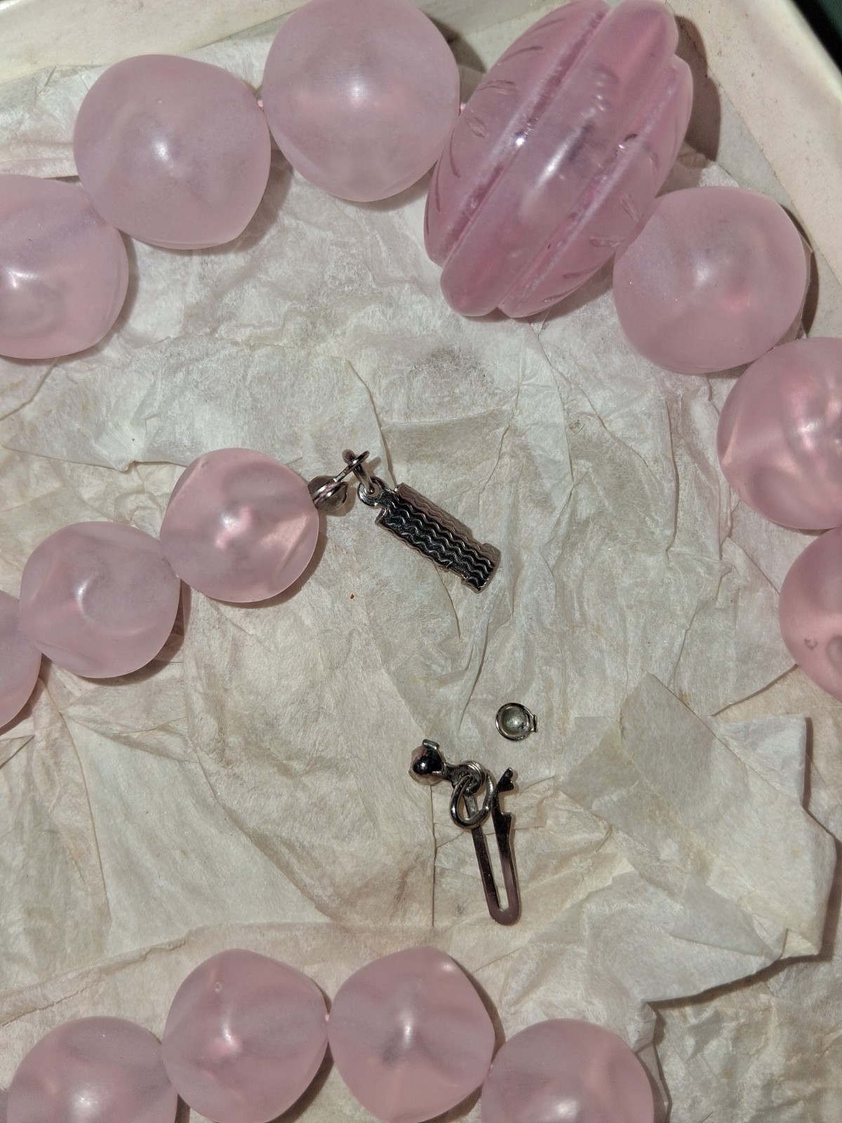Vintage Celluloid “Rose Quartz” 30″ Beaded Necklace- Original Clasp