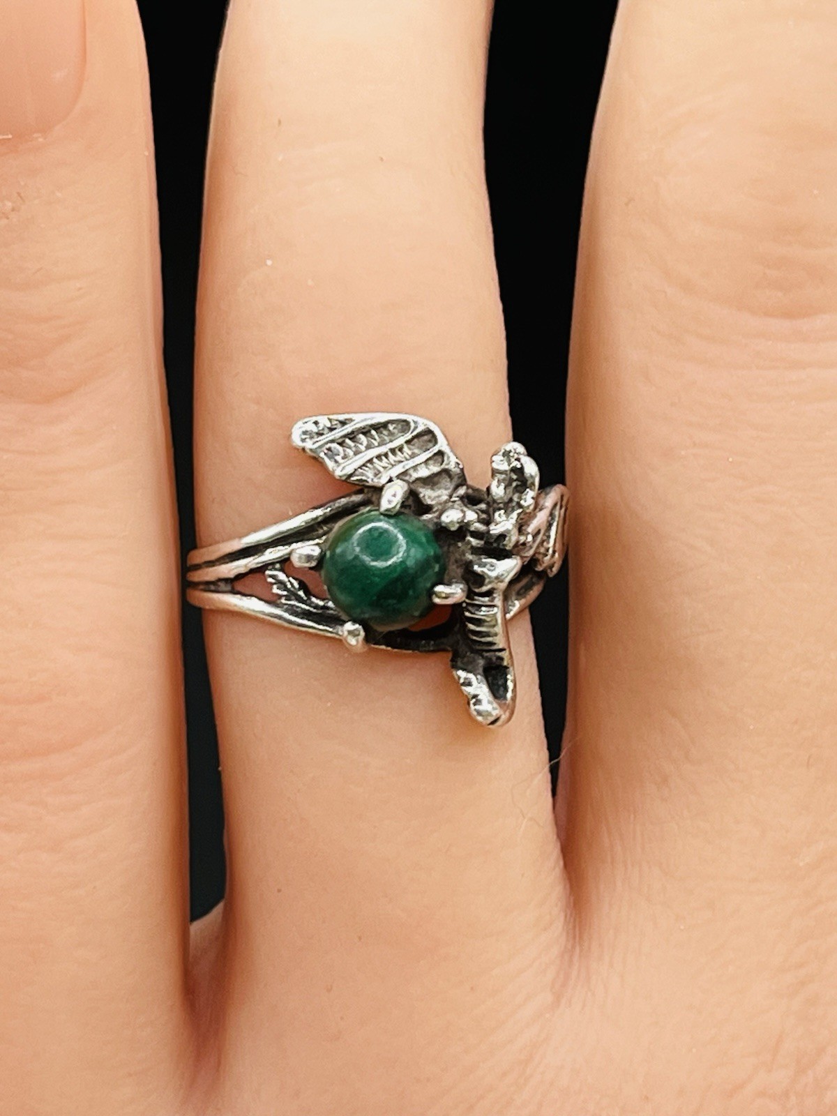 Sterling Silver 3-D Dragon Malachite In Talons Ring Fantasy Gothic Size 5.5