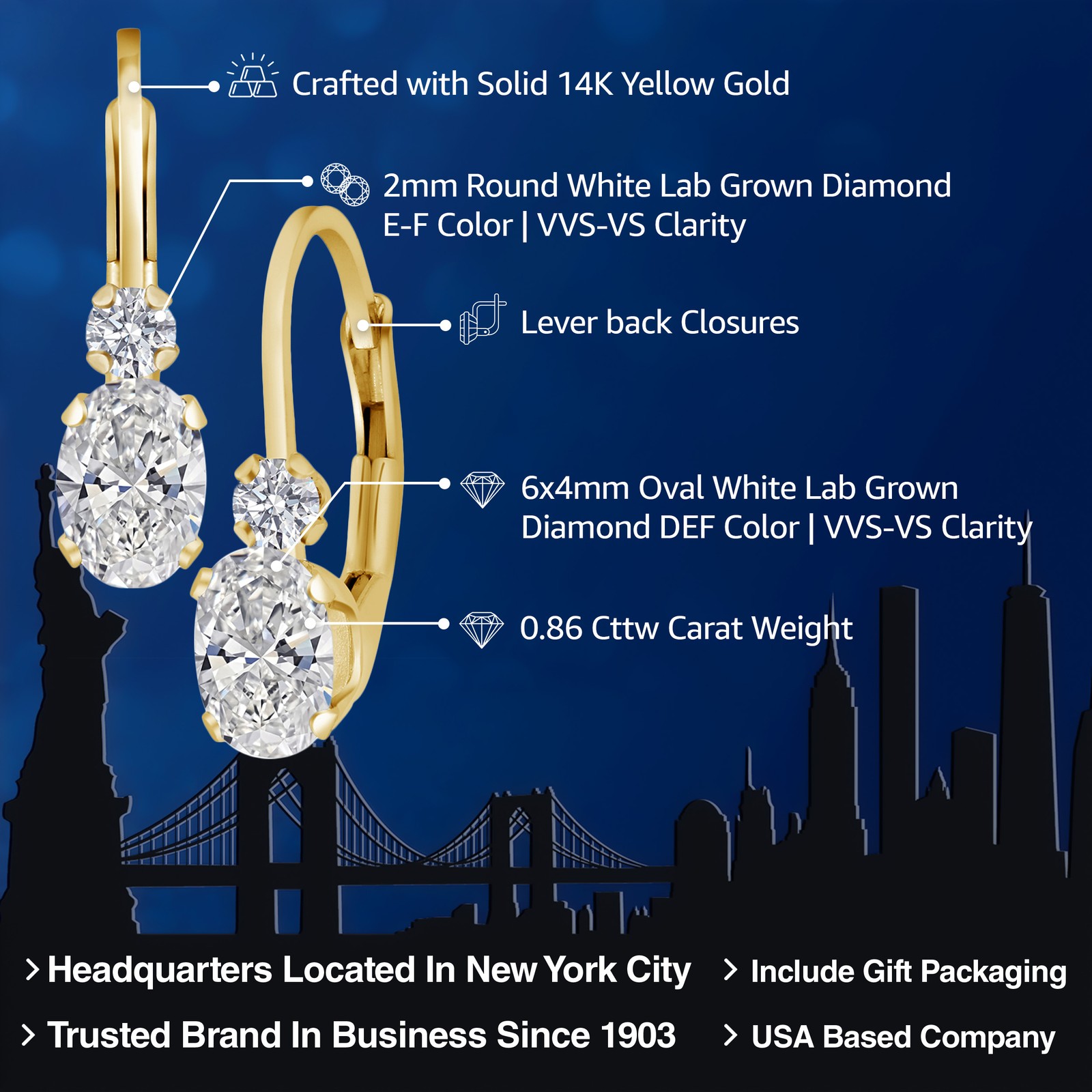 14K Gold White Lab Grown Diamond Leverback Earrings For Women | 0.86 Cttw |