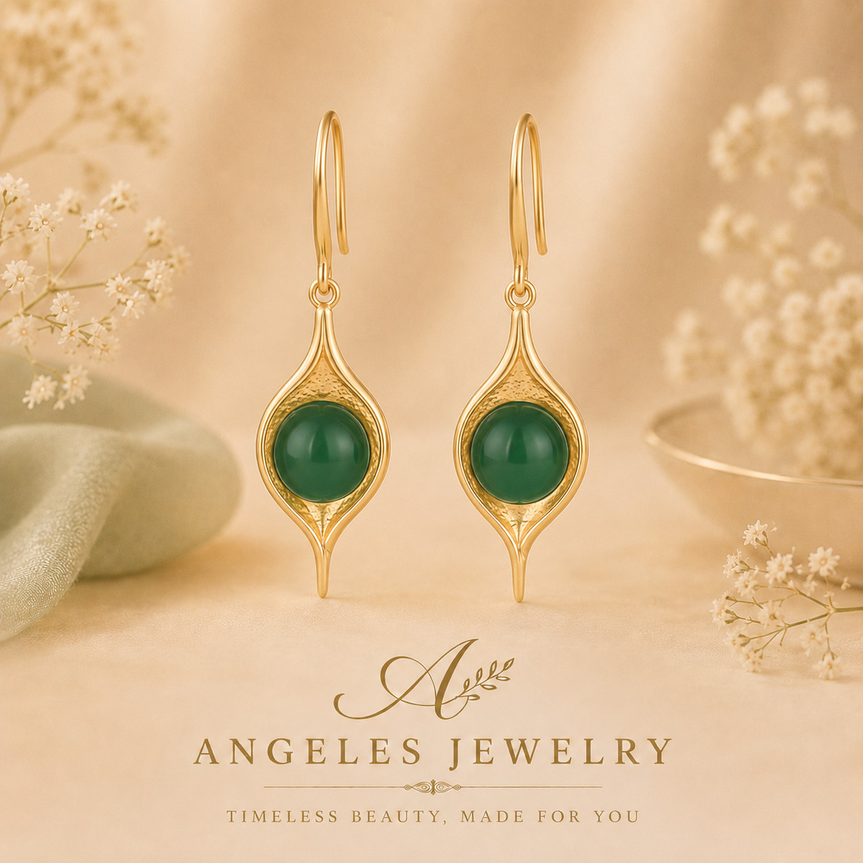 Green Jade Drop Dangle Earrings Minimalist Leaf Gemstone Hook 18K Gold Plated