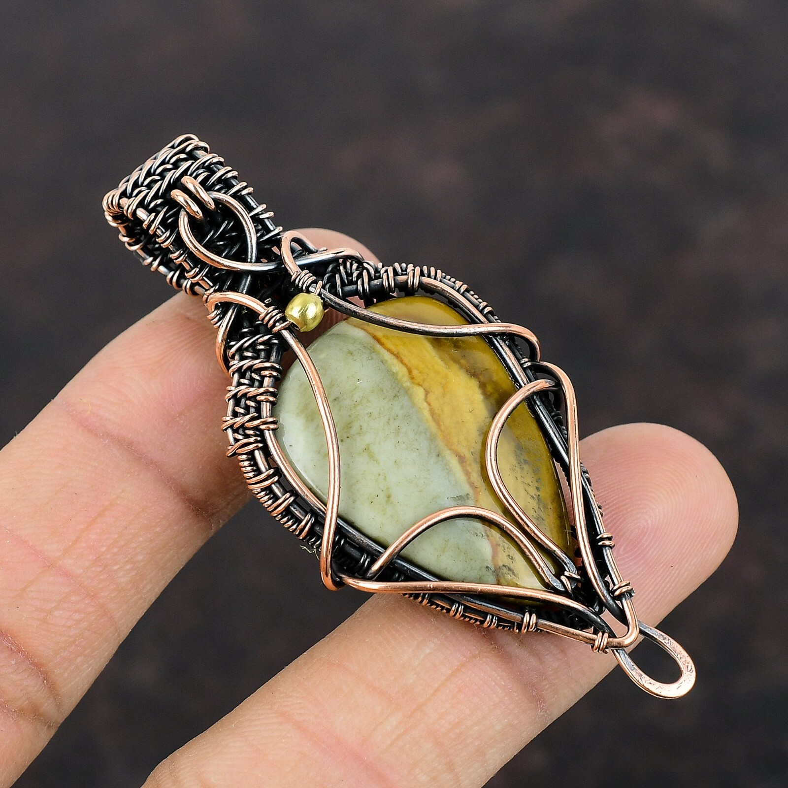 Polychrome Jasper Wire Wrapped Pendant Handcrafted Copper Unique 2.76″