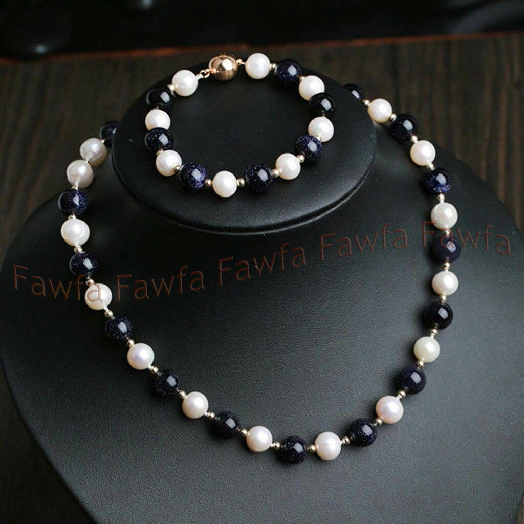 Natural 9-10mm White Freshwater Pearl & Blue Sand Stone Necklace Bracelet Set
