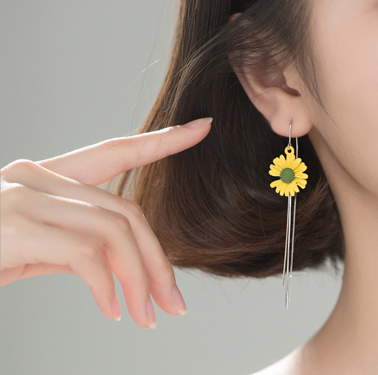 925 Sterling Silver Daisy Flower Dangle Drop Pull Through Threader Earrings PE48