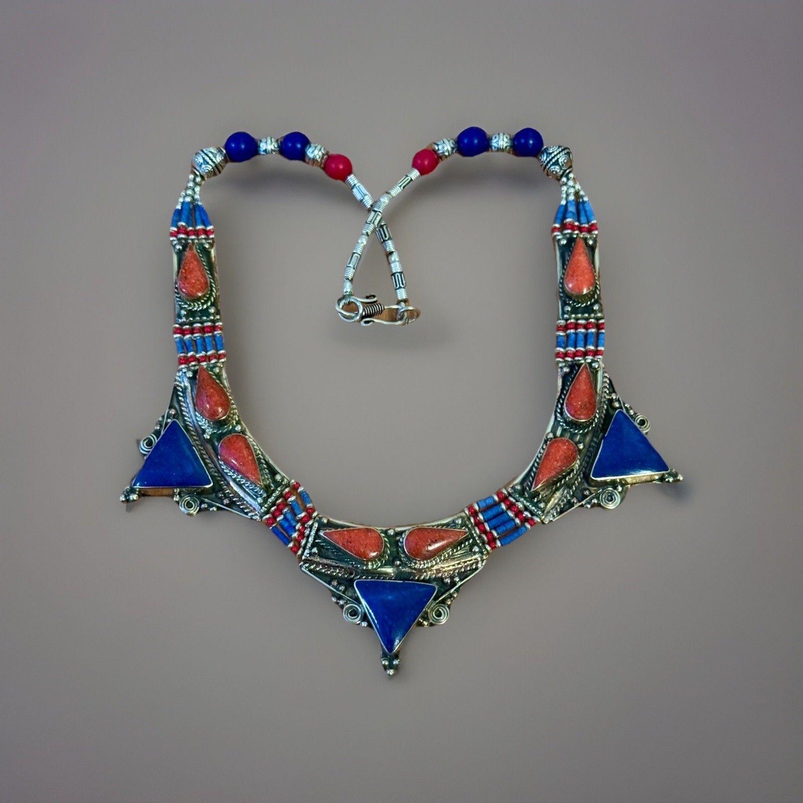 Vintage Ethnic Tribal Pyramid Design Handmade Silver Necklace Inlay Stones 116gr
