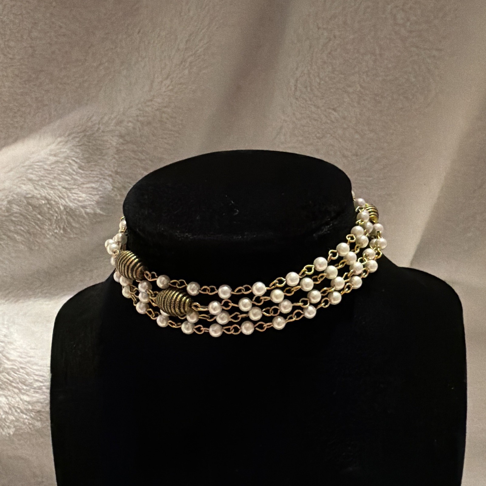 Gold Tone Layered White Faux Pearl Beaded Station Necklace Ball/Bead Chain