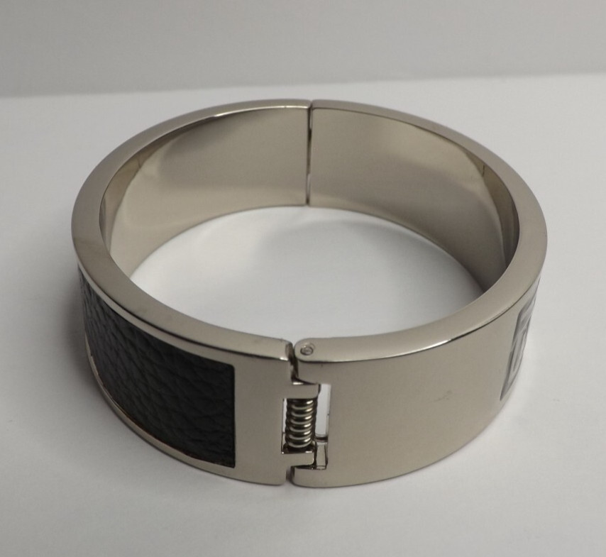 Parker Daniels Hinged Logo Block Black & Rhodium Bracelet – Leather Insert #PDJ9