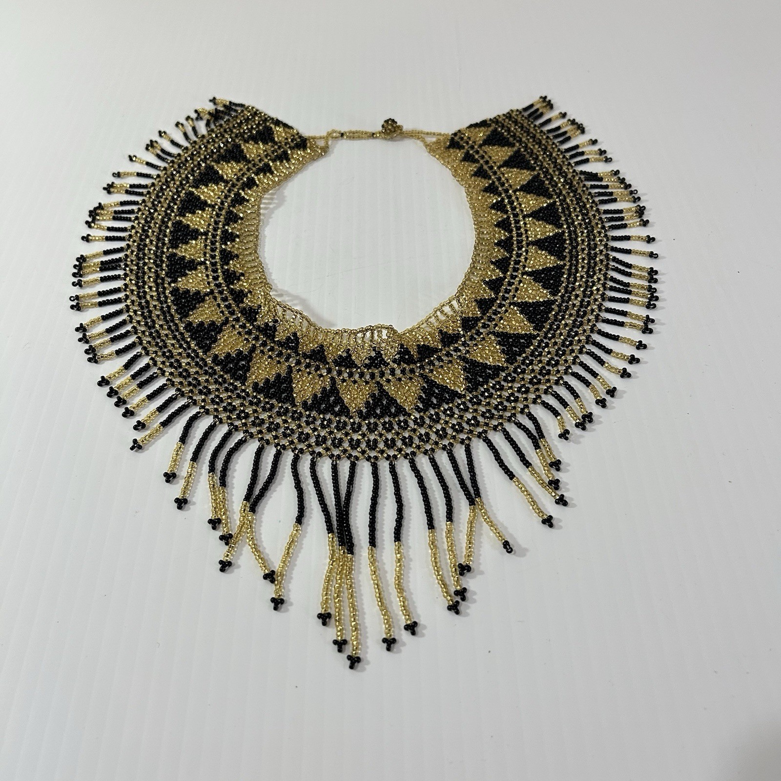 Handcrafted Sead Bead Collar Choker Necklace Black Gold Fringe Statement Jewelry