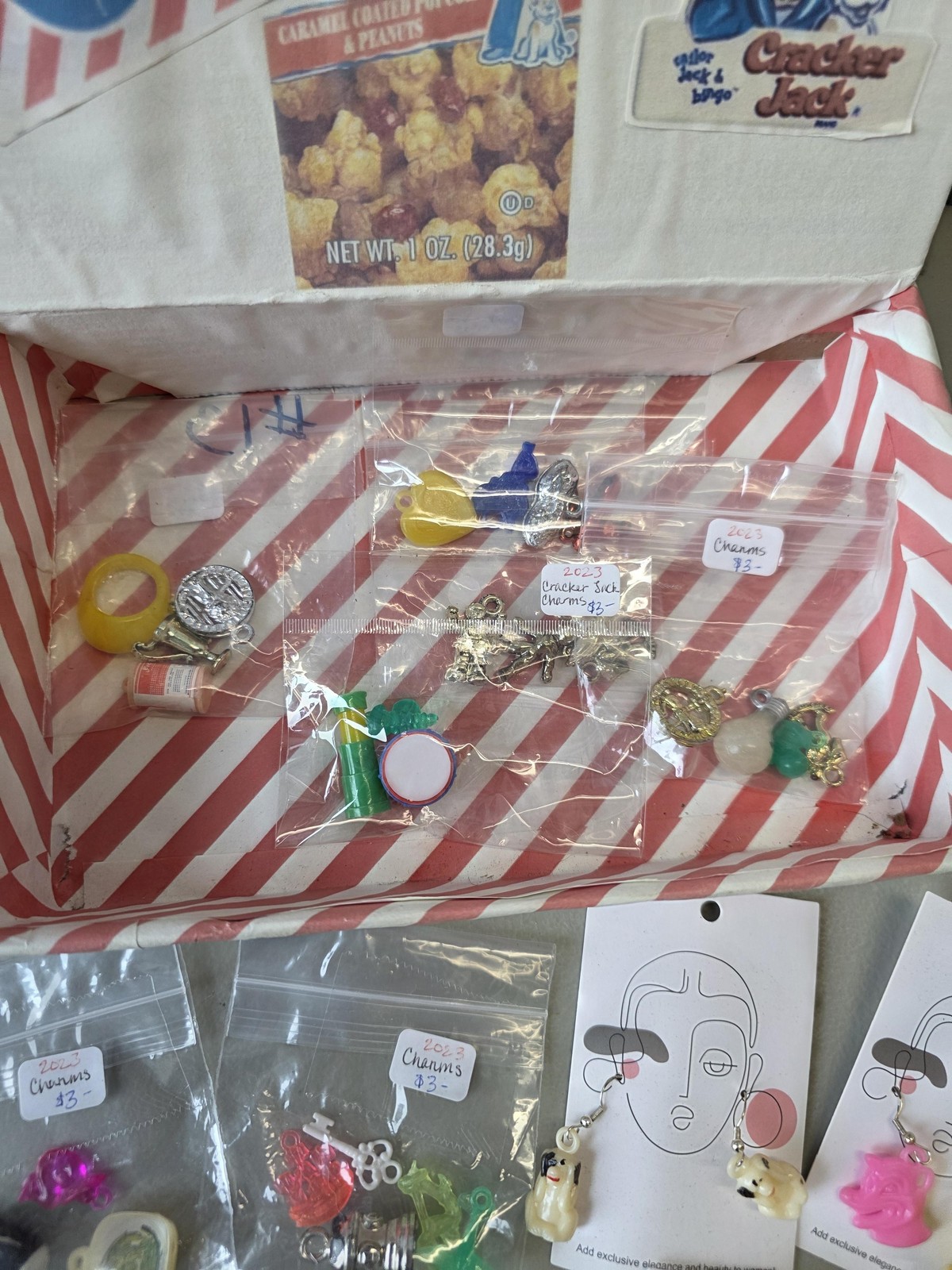 Vintage Cracker Jack Prize Charm Jewelry Lot Plastic Metal Charms Earrings Boxed