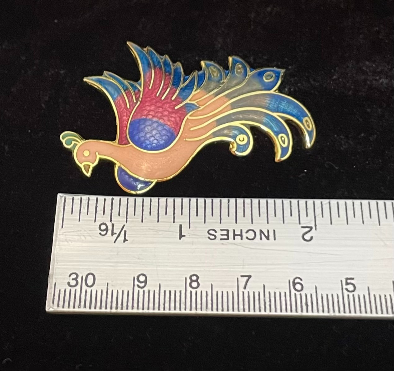 Cloisonné Peacock Brooch Paradise Bird Pink Red Green Enamel Mystical Fantasy
