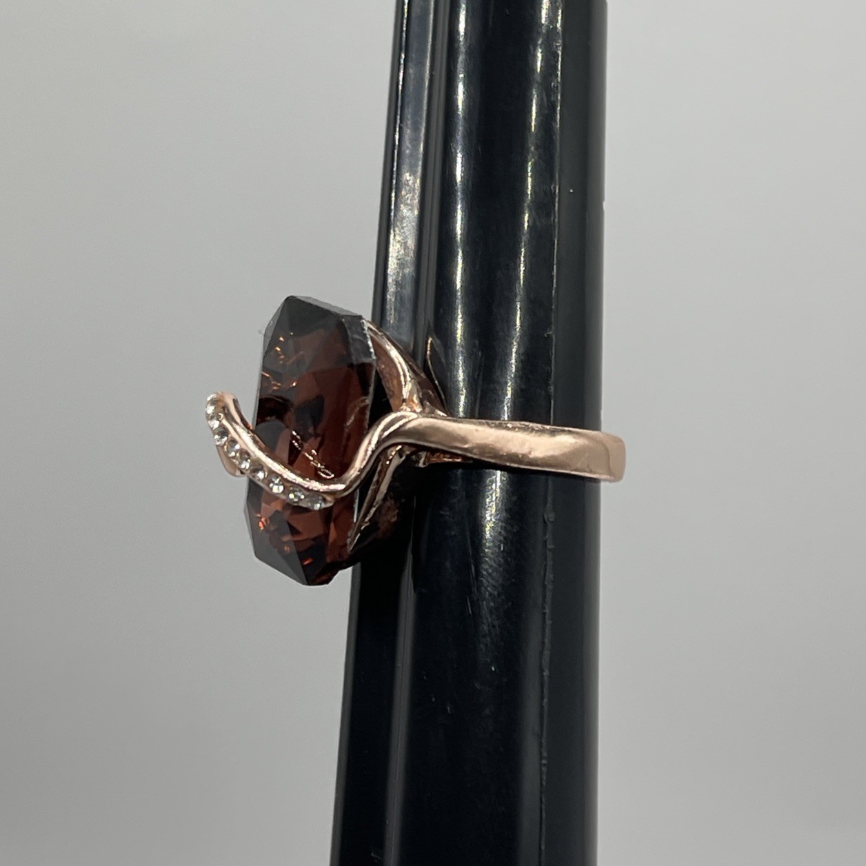 Rose Gold Filled Octagon Brown Cognac Wine Rhinestone Wave Wavy Ring Size 6.25