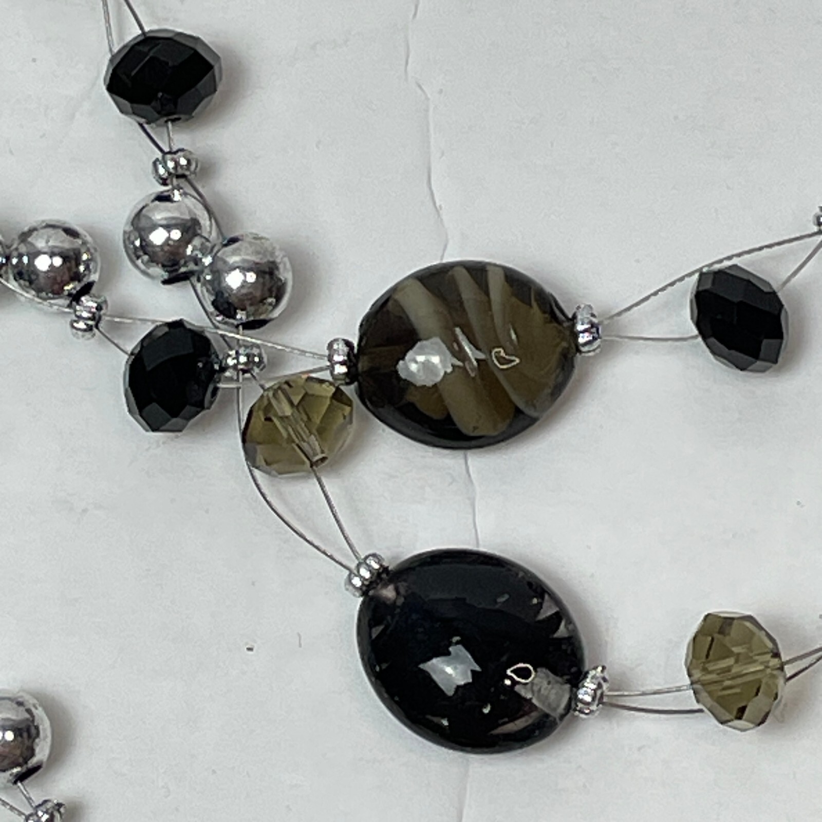 Triple Strand Layered Beaded Necklace Silver Black Green