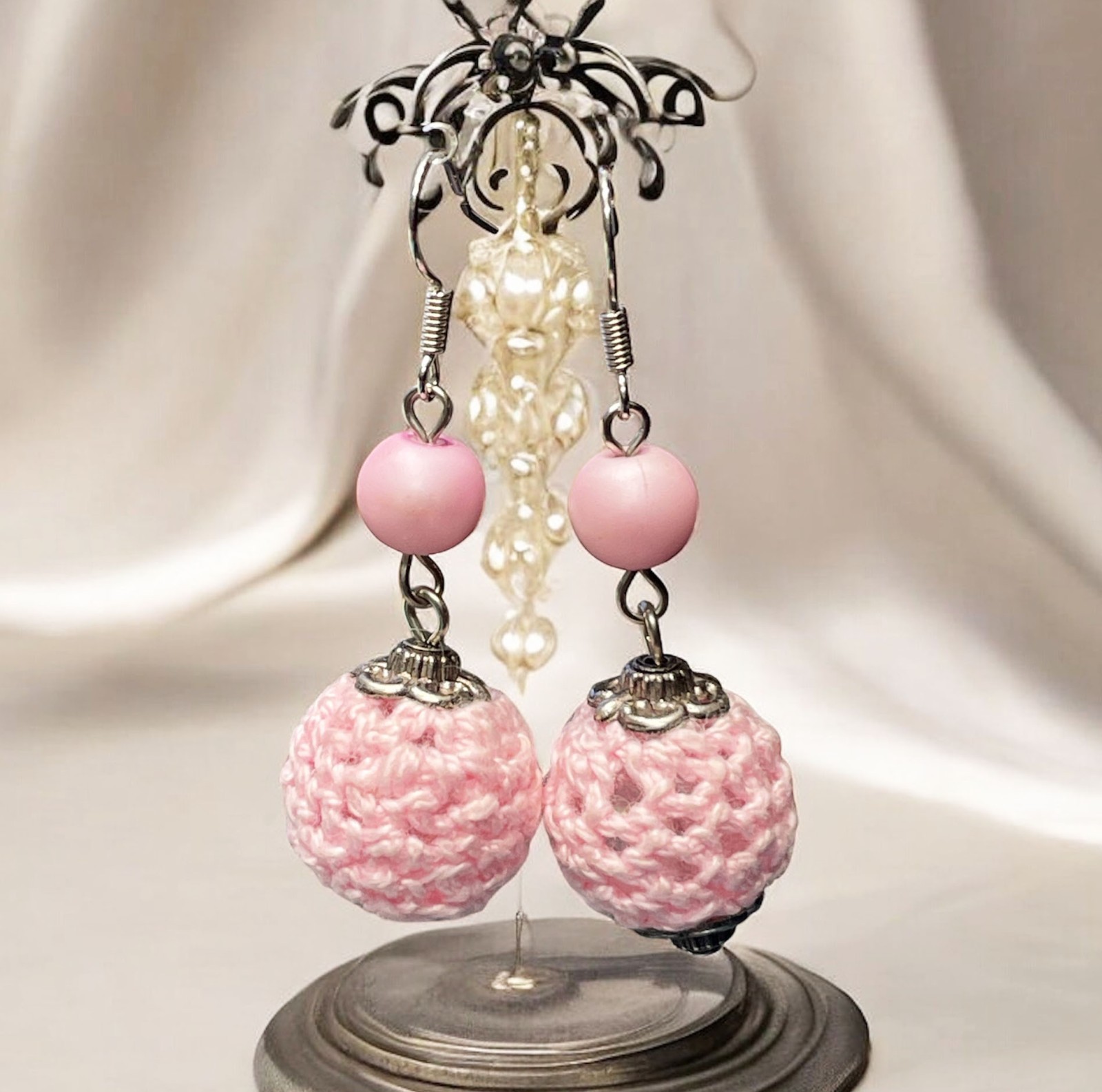 Crocheted Bead with Glass Earrings Handmade Dangle Jewelry FREE SHIPPING