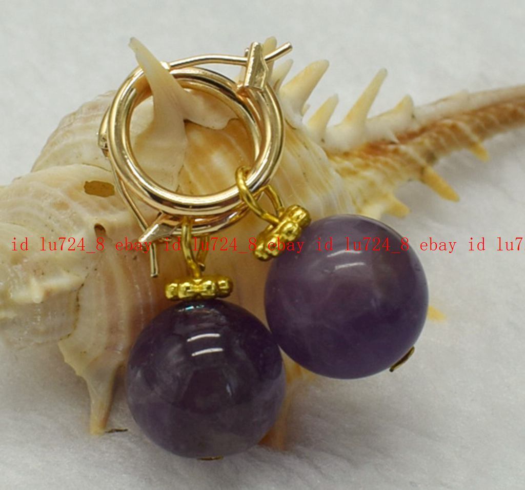 Genuine Noblest 14mm Amethyst Round Purple Gemstone Beads Leveback Earrings