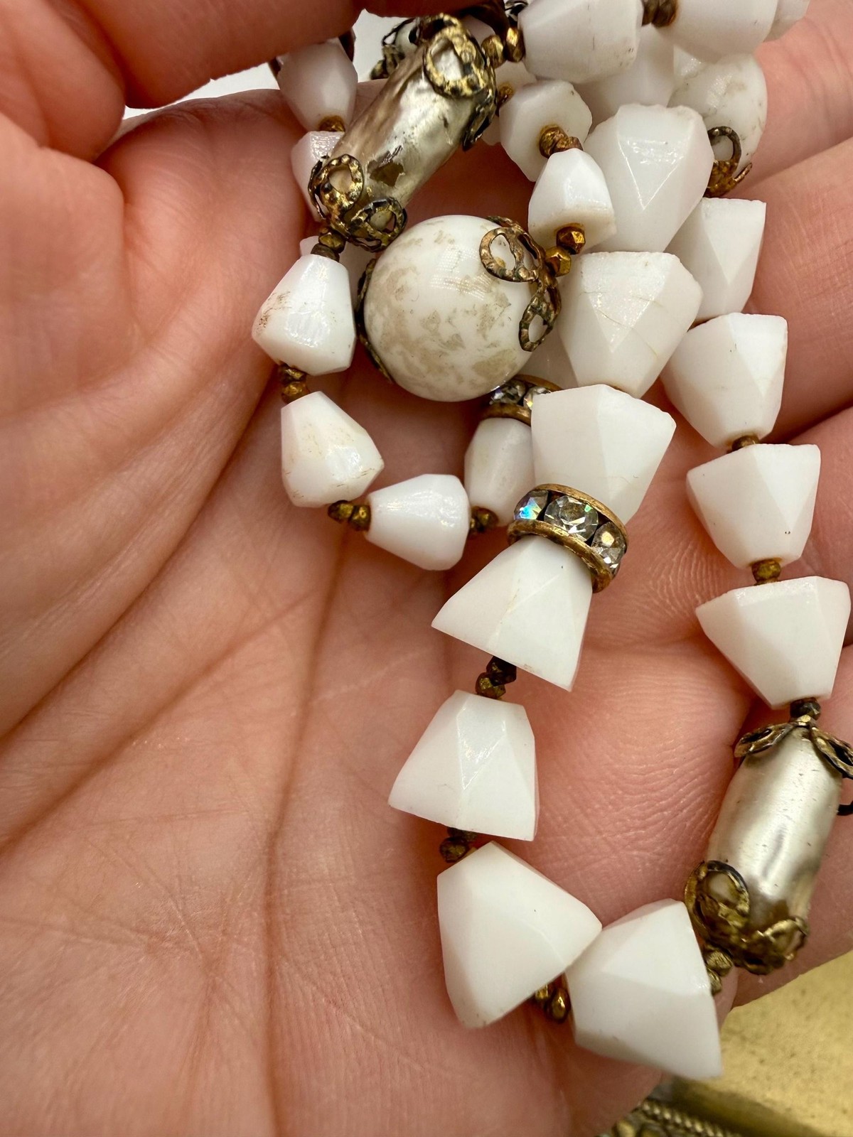 Vintage Milk Glass Multi Strand Necklace with Faux Pearls, Rhinestones (1940s-19