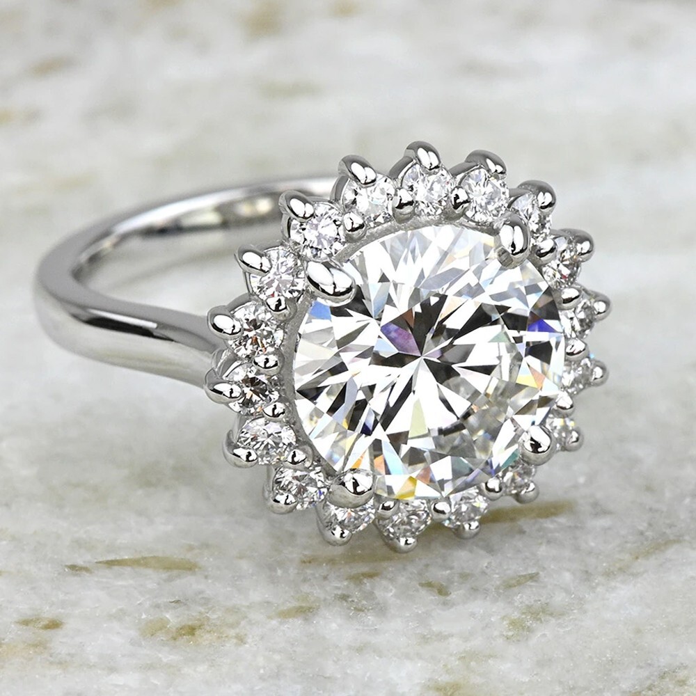 11.00 mm Round Cut Moissanite Halo Set Engagement Ring In 14K White Gold Plated