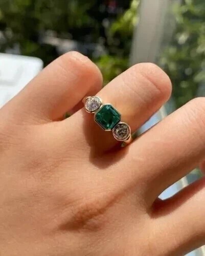 3Ctw Cushion Cut Created Emerald Three Stones Bezel Ring 14K Yellow Gold Plated