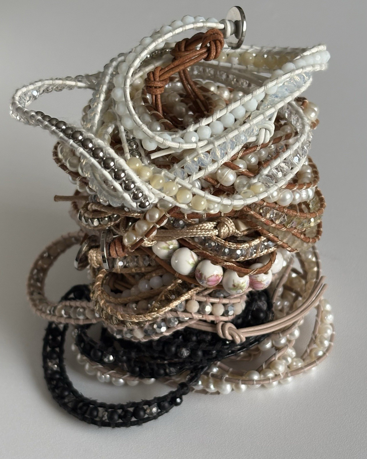VICTORIA EMERSON WRAP BRACELET Lot Pearl Stones Crystal Shell Mixed Materials
