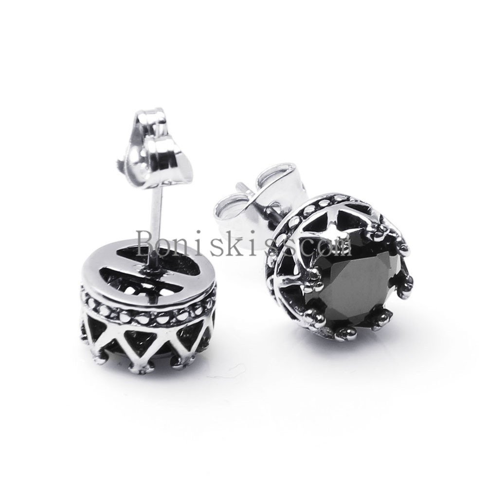 Women’s Men’s Round Crown Cubic Zirconia Silver Stainless Steel Stud Earrings