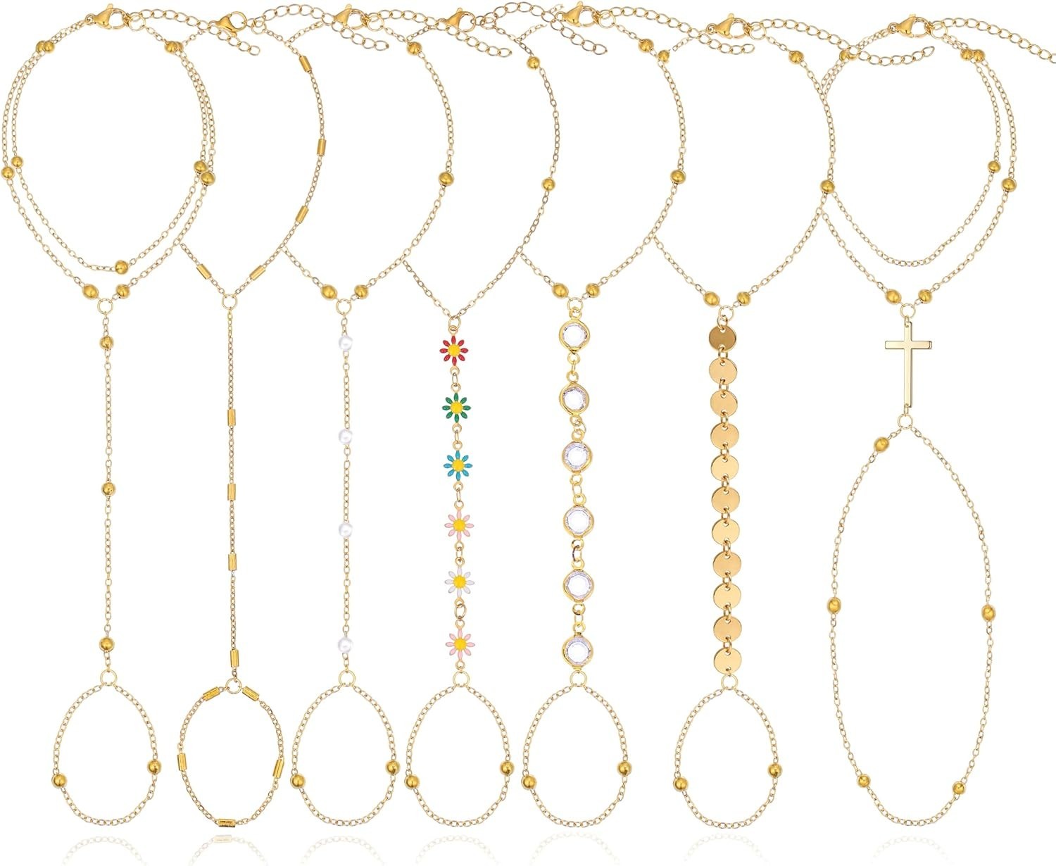 Versatile Set of 7 Adjustable 14K Gold Plated Hand Chain Bracelets for Women