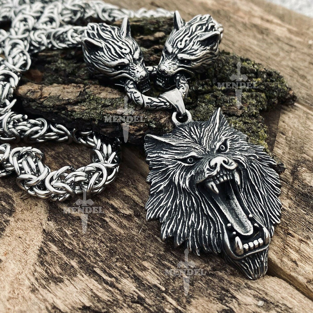 MENDEL Mens 30 Inch Stainless Steel Viking Wolf Head Pendant Necklace Heavy Men