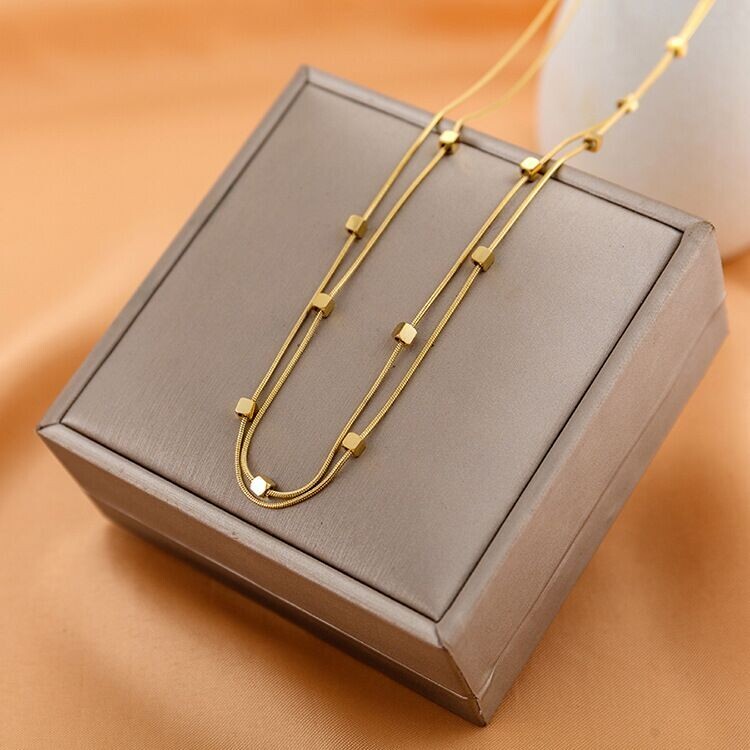 Woman 18K Gold Plated Stainless Steel Cubes 2 Layers Necklace Chain