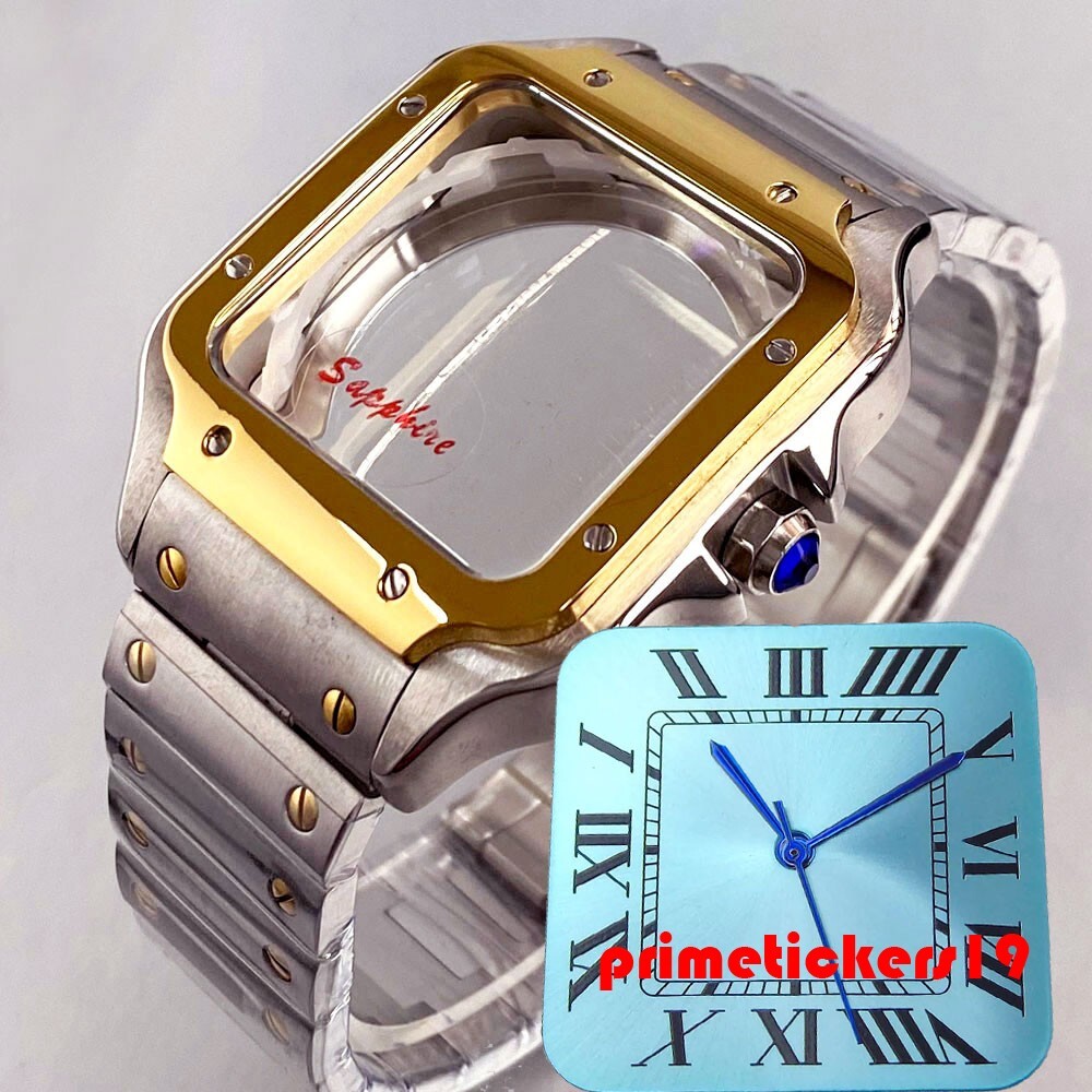 38mm Square Watch Case+Band+Dial Hands Set Fit NH35 NH36 NH38 Transparent Back