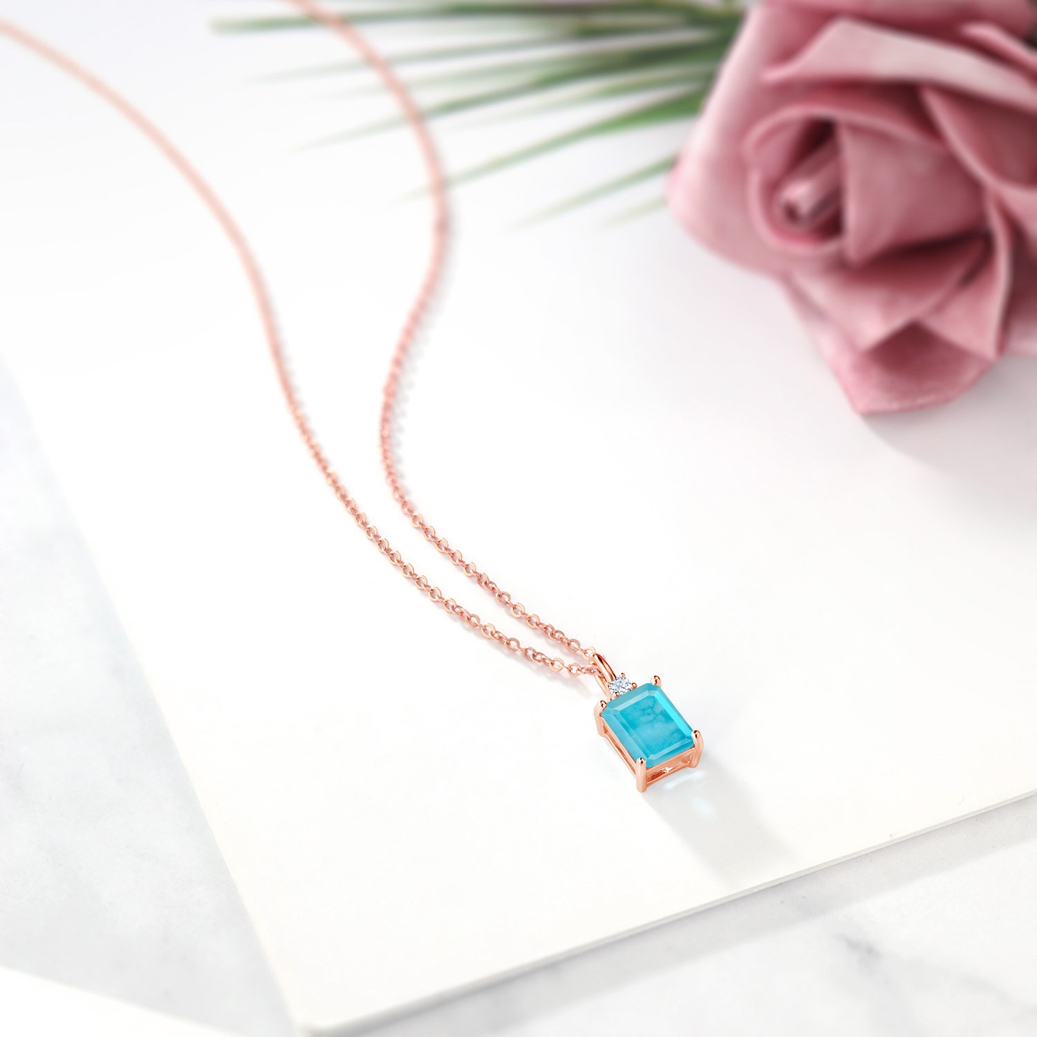1.83 Ct Emerald Cut Green Turquoise 18K Rose Gold Plated Silver Pendant with