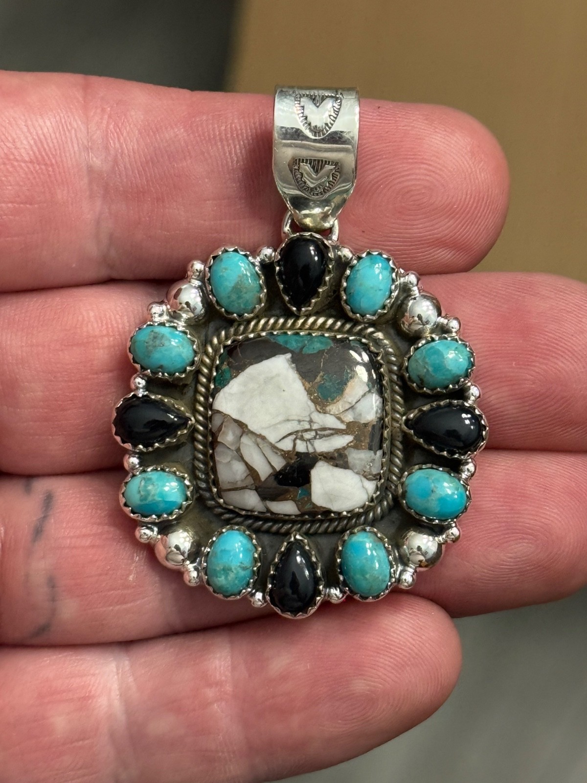 STERLING SILVER TURQUOISE WHITE BUFFALO MIX ONYX BIG CLUSTER DOME PENDANT .925