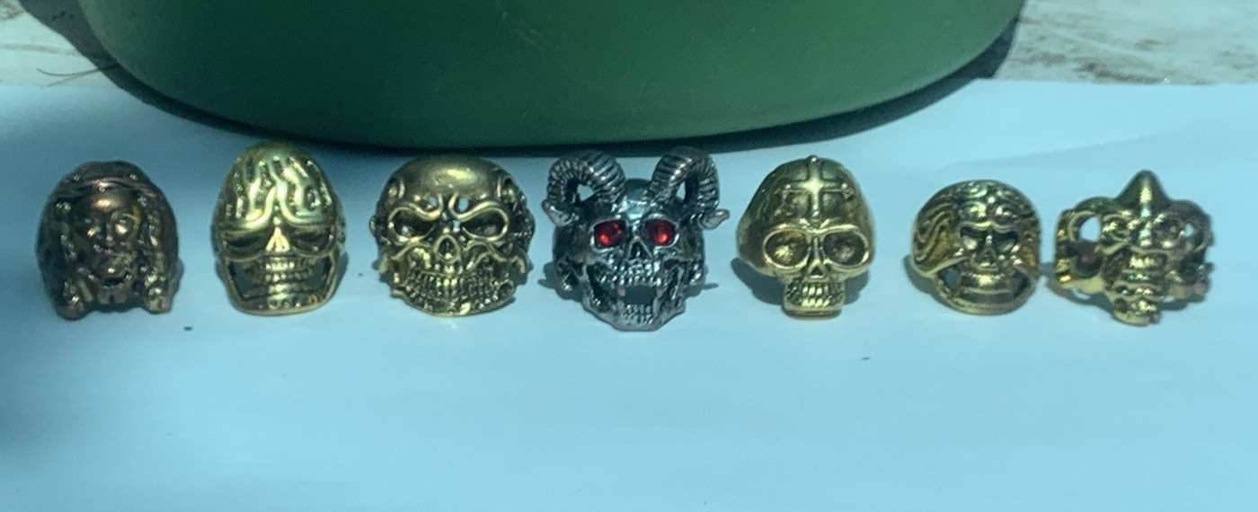 Mens Stainless Steel Biker Rings Lot Gothic Skull Horns Cross Red Stone Set of 7
