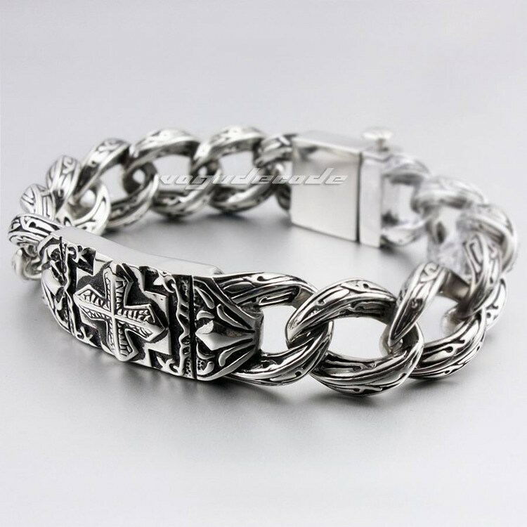 Stainless Steel Cross Link Chain Mens Biker Bracelet Punk Jewelry 5C016A