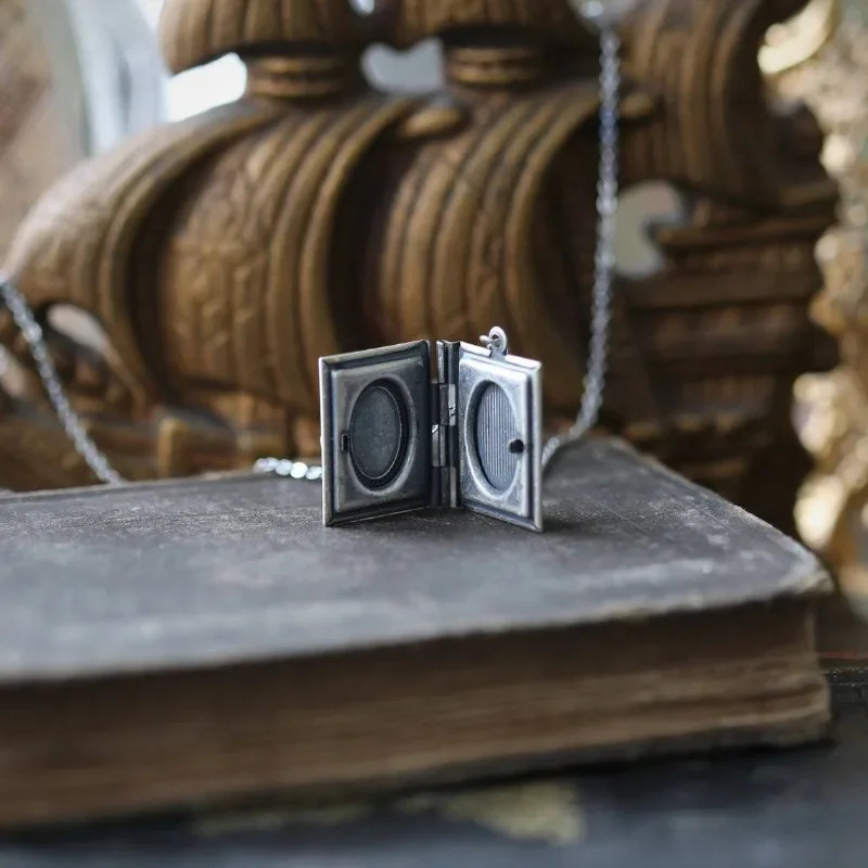 Cat Book Locket Necklace Jewelry Gothic Silvery Kitten Animal Pendant
