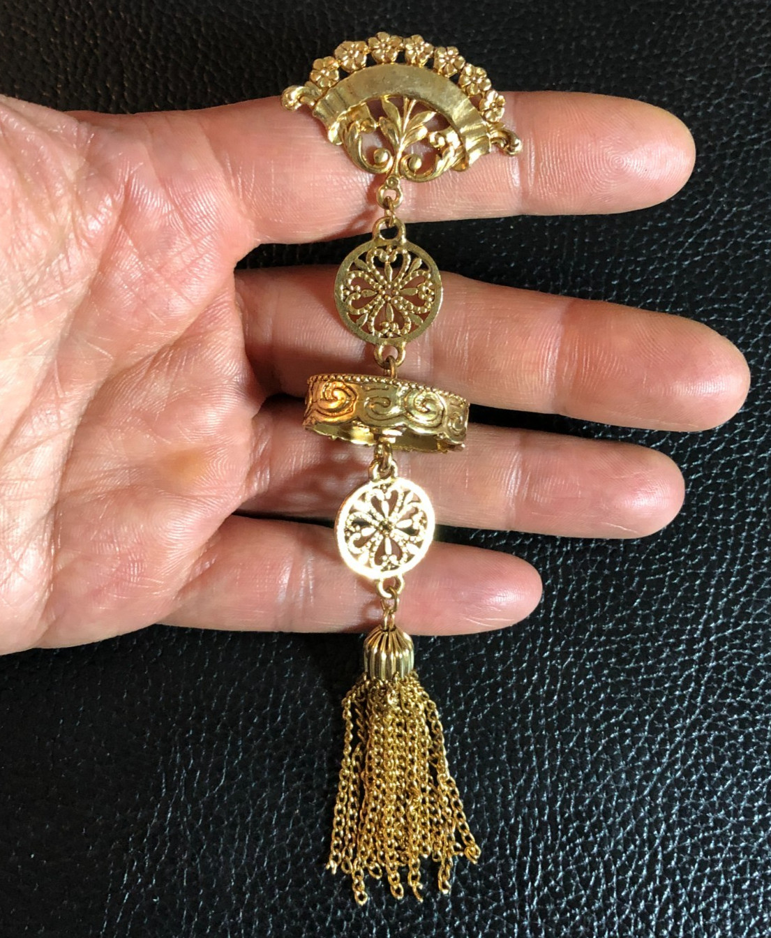 Vintage JJ Jonette Gold Earrings Fan Filigree Tassel Statement Artifacts 5″ 8429