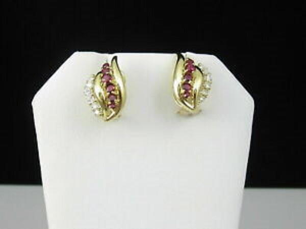 10K Yellow Gold 2Ct Lab-Created Red Ruby Diamond Omega Back Stud Earring