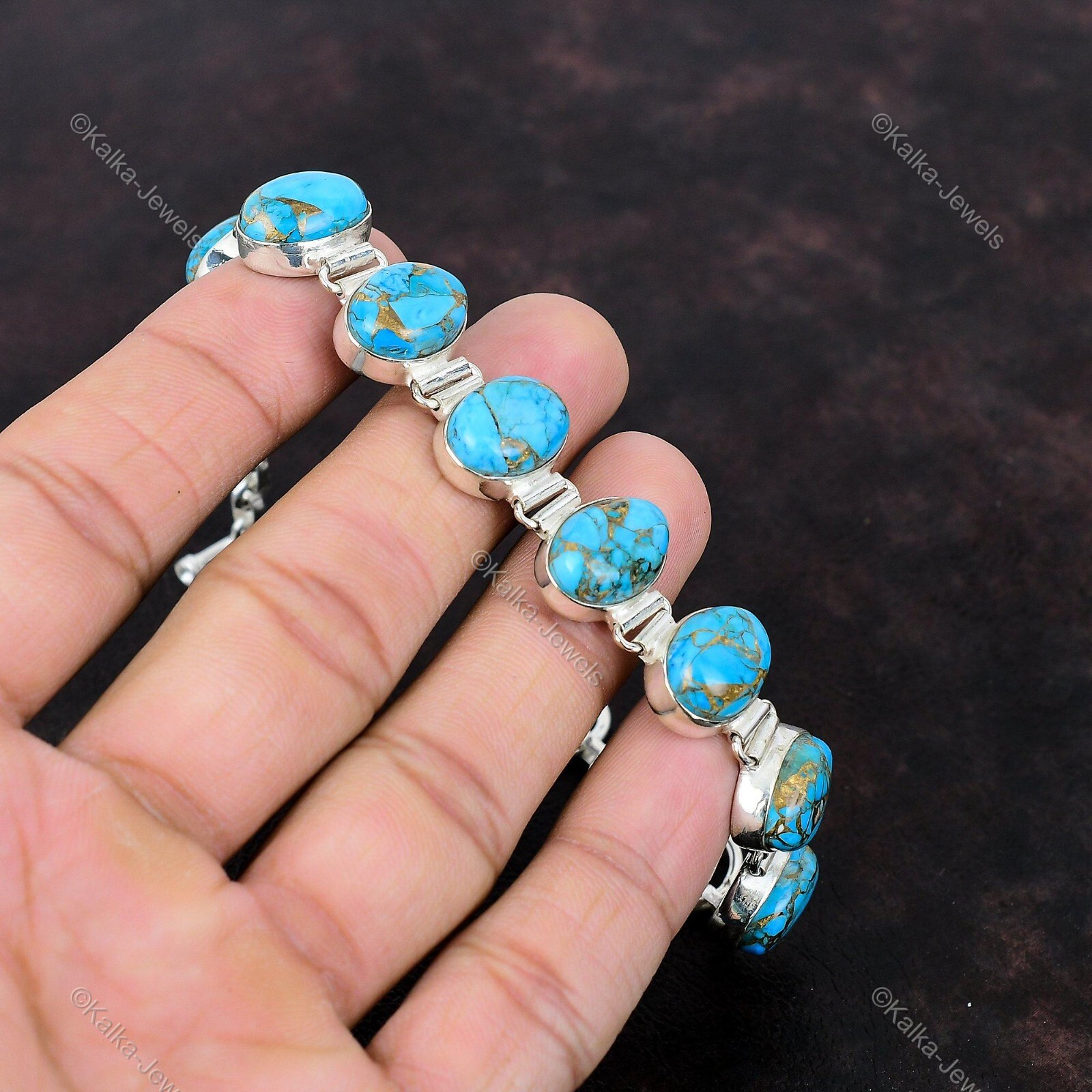 Natural Copper Blue Turquoise Chain Adjustable Bracelet 925 Silver For Women