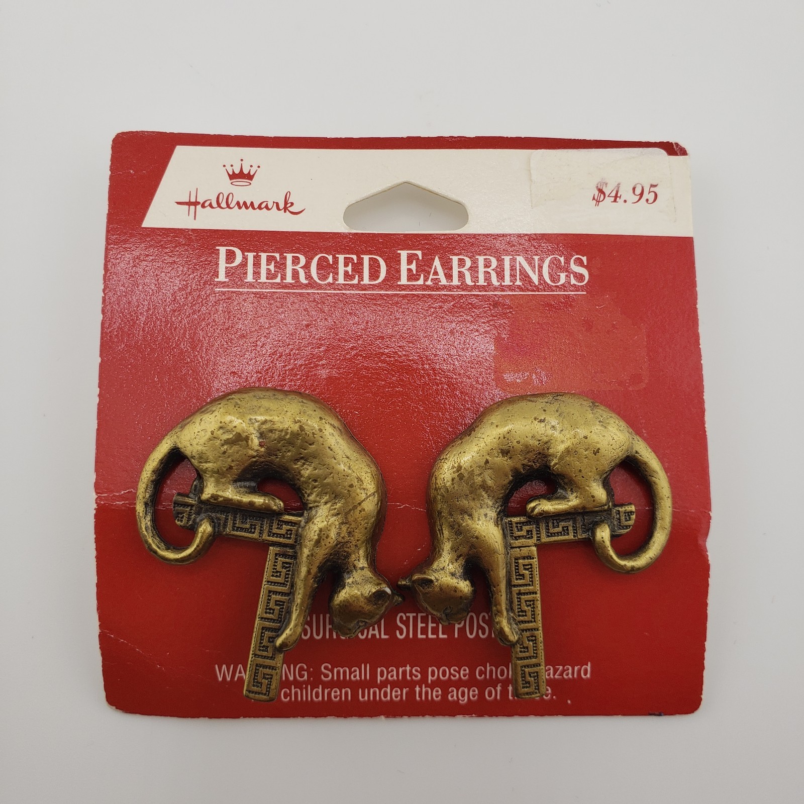 Hallmark Cat Earrings Golden Bronze Tone Pierced Chunky Statement VTG 90s Artsy