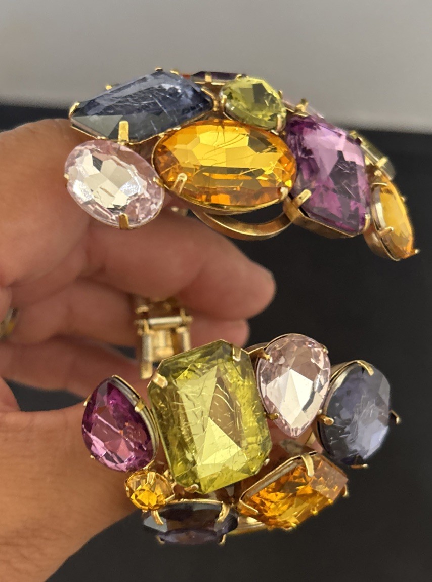 Vintage Gold Tone Plastic Resin Rhinestones Wide Hinged Bracelet Wow