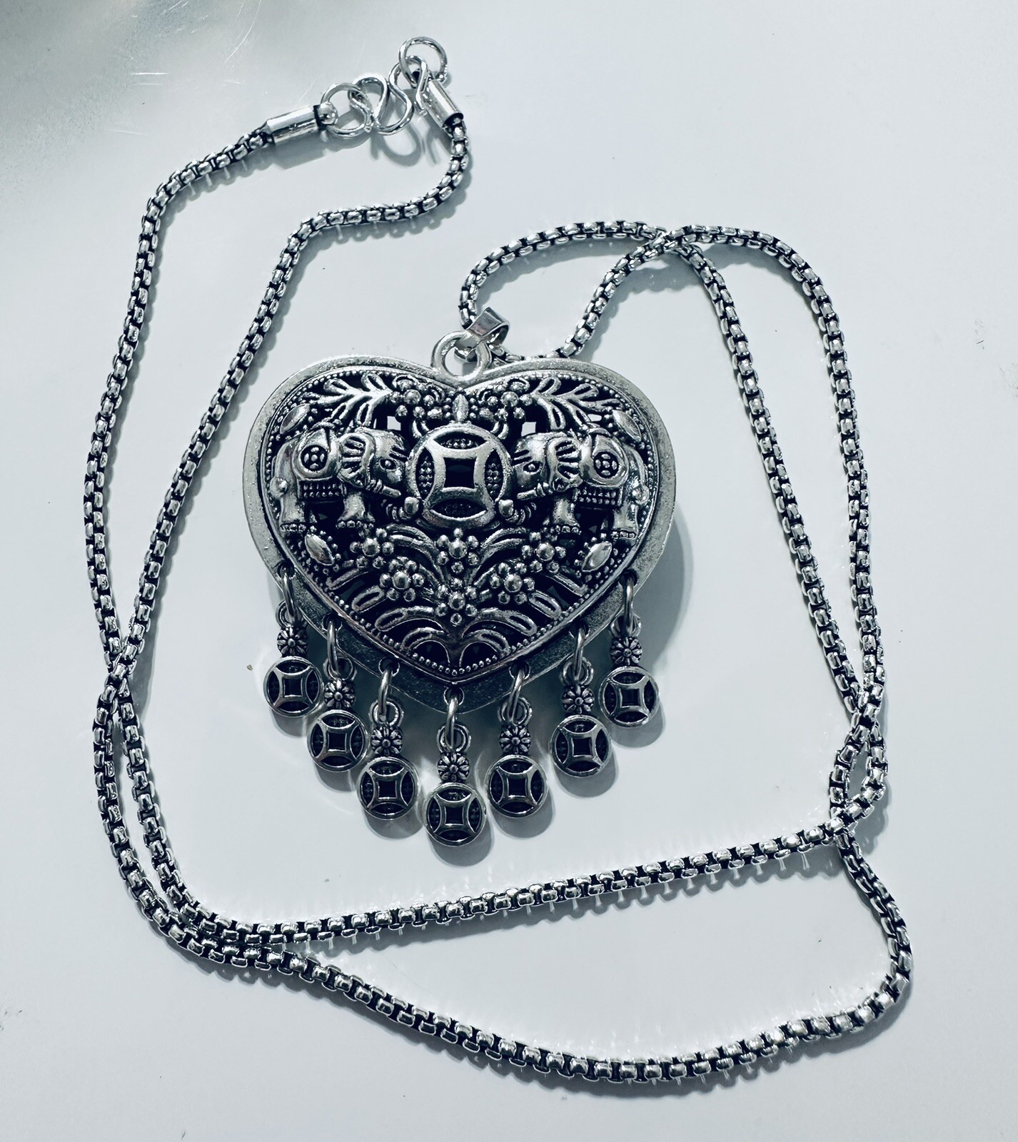 Silver Heart Elephant Luck Coin Necklace