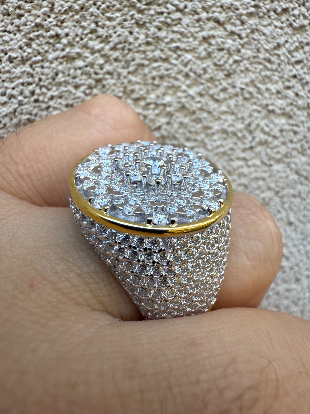 Real MOISSANITE Mens Flower Setting Honeycomb Iced Ring 14k Gold Over 925 Silver