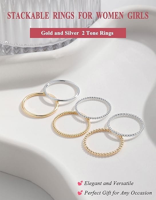 Silver Rings for Women Non Tarnish, Dainty 14K Plated Stackable 4,